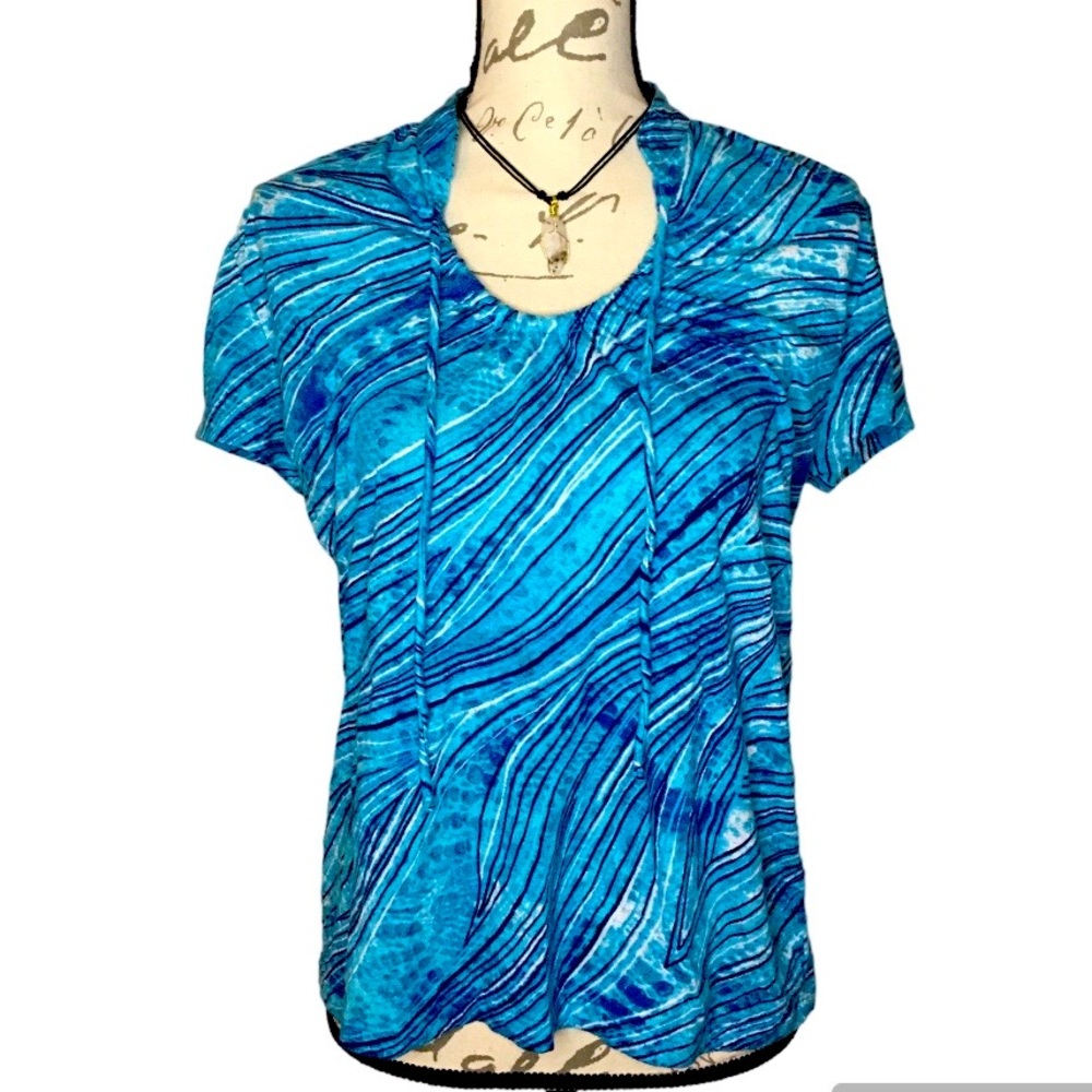 Sag Harbor Petite Short Sleeve Pullover Blouse Turquoise Blue Medium EUC